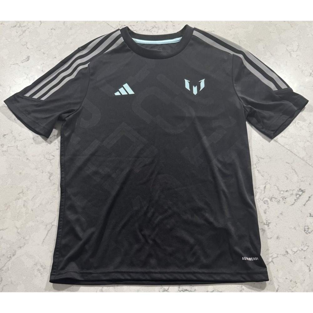 Adidas Messi Training Jersey Youth 13-14 Black Gray Striped AEROREADY Logo
